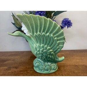 Vintage Beauceware Canada Green‎ Swan Vase Mid Century Ceramic Bird Decor MCM